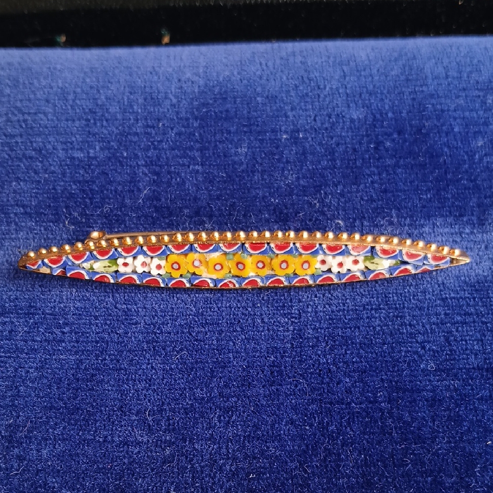 Vintage Micro Mosiac Red Blue Floral Gold Tone Bar Brooch 2.5" Italy?